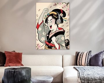 Ukiyo-e komedie poster - headbanging geisha meme kunst