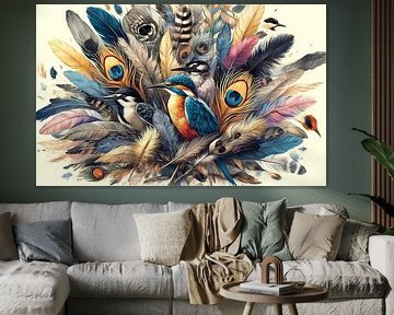 IJsvogel en zangvogels in pauwenveren van Chromatic Fusion Studio