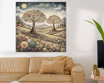 deux arbres de vie dans un paysage fantastique