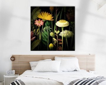 Botanische Blumenkunst vor schwarzem Hintergrund