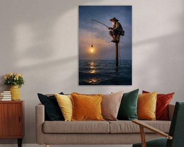 Pêcheur avec lumière sur la mer au crépuscule