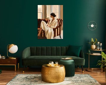 Ruhige Frau mit einer Tasse Kaffee im warmen Morgenlicht