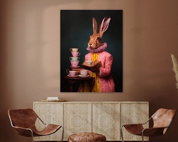 Lesehase mit märchenhaften Teetassen