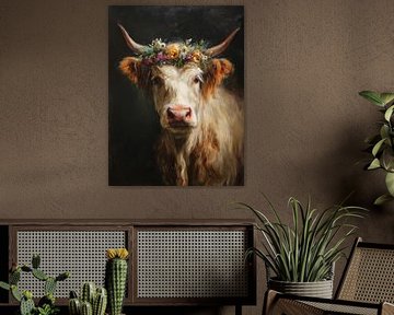 Schottischer Highlander mit Blumengirlande in dunklem Licht