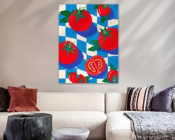 Rote Tomaten auf blau-weißem Muster