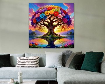 Tree of life - tree of life with a shining crown, widely branching branches and rooted plant as a mirror of time and the quiet harmony between root, crown and blossoms
