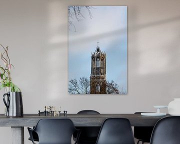 La tour Dom enneigée d'Utrecht depuis le parc Moreelse. (debout, au centre de l'image)