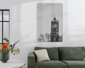 Utrecht's snow-covered Dom tower from Moreelsepark. (standing, right in image, black and white)