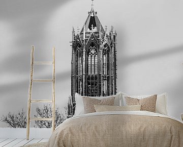 De besneeuwde Domtoren van Utrecht vanaf het Moreelsepark. (vierkant, zwartwit)