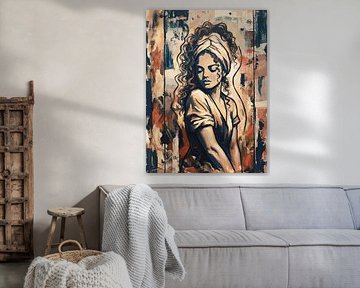 Expressief vrouwelijk portret in warme aardetinten | Modern mixed media kunstwerk met karakter