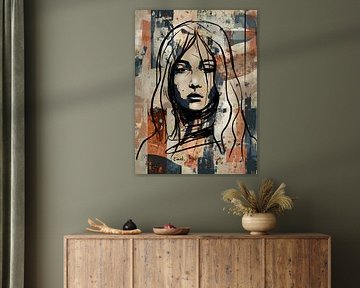 Minimalistisch vrouwelijk portret met krachtige lijnen | Modern mixed media kunstwerk in aardetinten