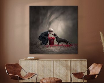 Die Liebe eines Dackels unter Rosenblättern