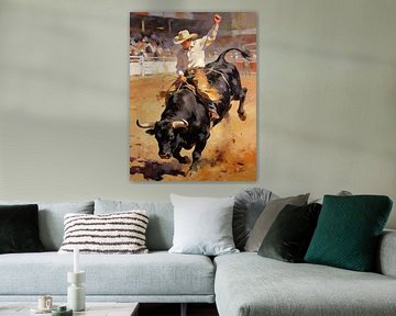 Cowboy auf bockendem Stier - Western Kunst von Mellow Art