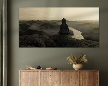 Vue arrière d'une statue de Bouddha devant un paysage brumeux