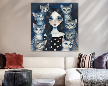 Fillette avec huit chats