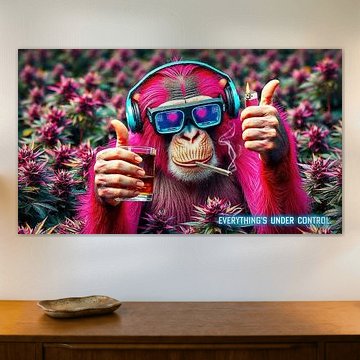 Singe - chimpanzé dans un champ de cannabis et le slogan 