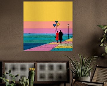 Liebe am Meer - Bunte Illustration eines Paares mit Herzluftballons bei Sonnenuntergang