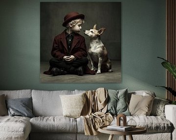 Junge mit Hund - Intimes Porträt der Freundschaft im dunklen Fine-Art-Stil von Karina Brouwer