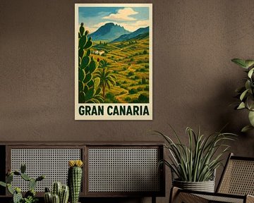 GRAN CANARIA - Mountain landscape with cactus and palm trees