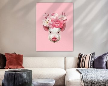 Floral Pink Pig Portrait by Mosaic Dialogue