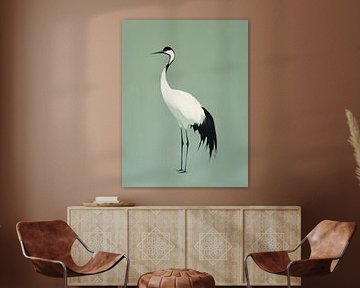 Elegant Crane on Soft Green Background by Mosaic Dialogue