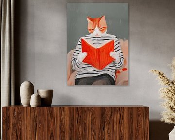 Katze liest ein rotes Buch in gemütlichem Interieur von Mosaic Dialogue