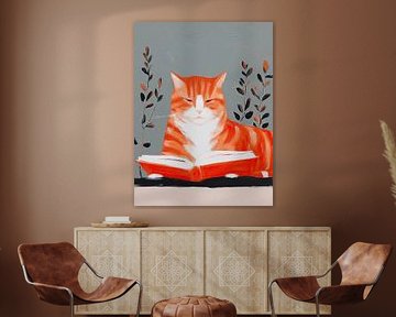 Ingwer-Katze liest ein Buch in ruhigem Interieur von Mosaic Dialogue