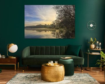 Shoreline landscape of Schwackenreuter Seen in the morning light with the last remnants of fog