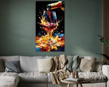 Wijnglas tussen vloeibaar goud, robijnrode spetters en het genot van rode wijn in een restaurant van AidasignArt