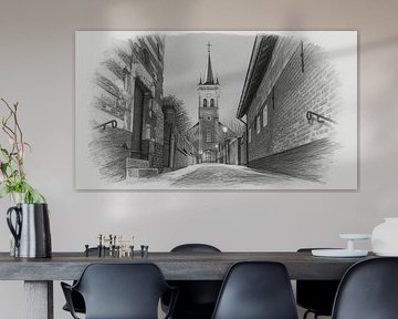 Elsloo am Abend im Winter mit Schnee in Holzkohle