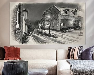 Elsloo am Abend im Winter mit Schnee in Holzkohle