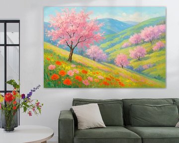 Lentebloesem met bloemenweide in bloei