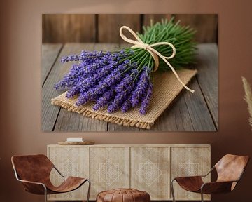 Paars boeket met linnen strik