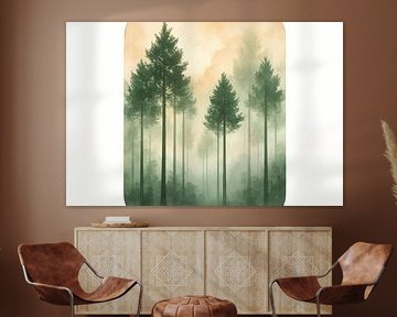 Hoge dennen in ochtendmist