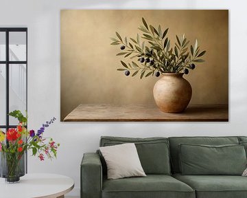 Rustic olive branches on wooden table by Imperial Art House