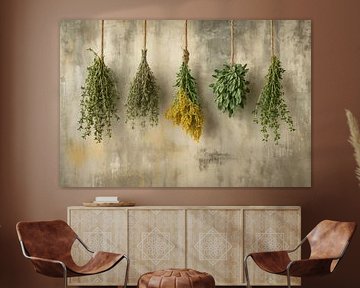 Cinq bouquets d'herbes sur cordon sur Imperial Art House