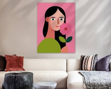 Portrait minimaliste d'une femme avec une fleur rose, art graphique