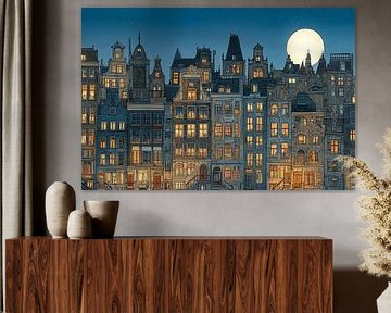 Illustration der Amsterdamer Grachtenhäuser unter dem Mond und den Sternen von Roger VDB