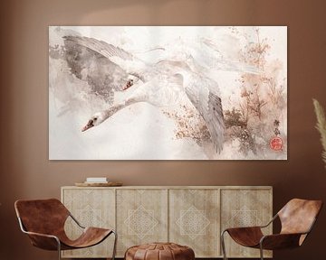 Japandi Art.  Zwanen in Vlucht: Traditionele Oosterse Inktstijl van Studio Pieternel