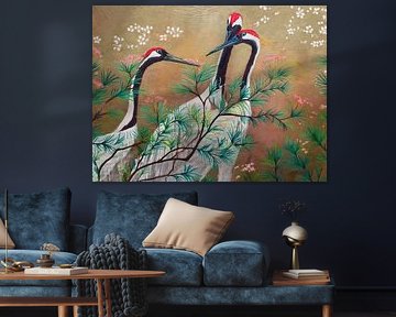 Grues japonaises. Impression traditionnelle avec une touche de modernité