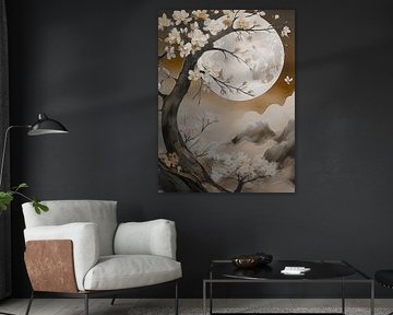 Atmospheric Japandi Landscape. Blossom tree at full moon by Studio Pieternel