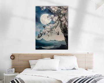 Mystical Japandi Landscape. White Blossom Tree at Full Moon by Studio Pieternel