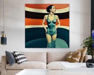 Mutige Retro-Frau im blaugrünen Badeanzug