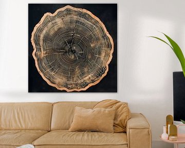 Afdruk van een doorgezaagde eik op bronskleurig papier.