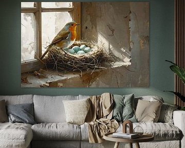 Merle avec un nid d'œufs dans l'ouverture de la fenêtre de l'étable - symbole de la vie nouvelle sur Emiel de Lange