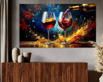 Red wine, wine bottle and wine glasses - the exuberant moment of pouring between liquid gold, fullness and sensual movement by AidasignArt