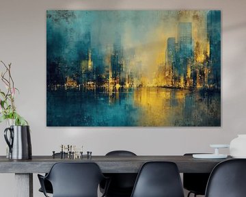Abstract Stadsgezicht in Blauw en Goud van BowiScapes - Fine Art en Urban Wandkunst