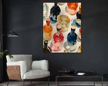 Stilleben aus farbigem Glas und Flaschen von Gypsy Galleria