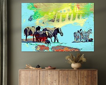 Éléphants et zèbres à un point d'eau mixed media