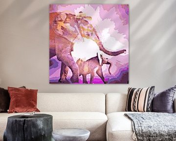 une mère éléphant avec son veau mixed media